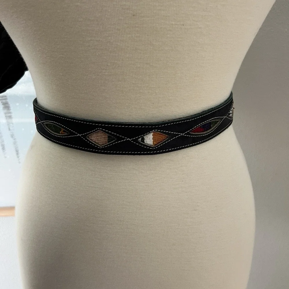 Vintage Blue Leather Southwestern Woven Inlay Belt Boho Artisan 90s Cowgirl
